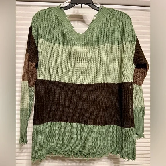 Women’s Simply Southern Green and Brown Striped Distressed Sweater Size Medium - Picture 6 of 12
